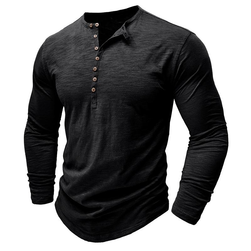 T-shirt da uomo tinta unita a maniche lunghe con colletto Henley in cotone slub 26528737X
