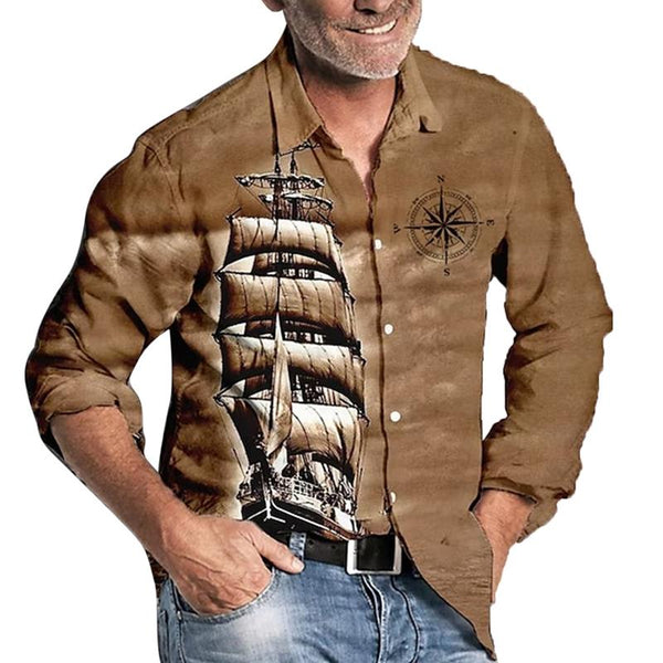 Men's Nautical Print Beach Vacation Holiday Lapel Long Sleeve Shirt 49700812X