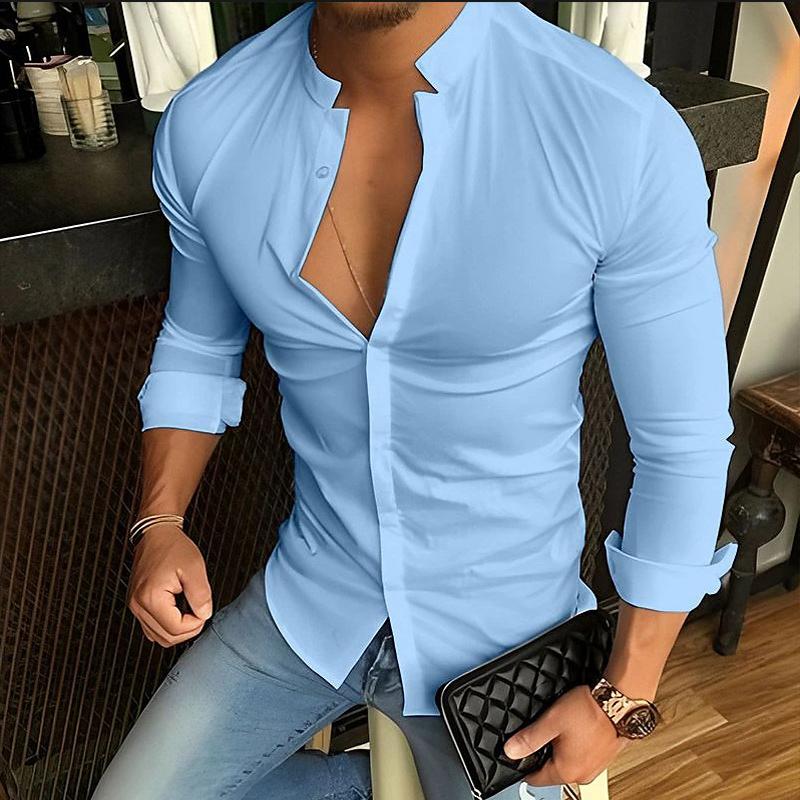 Men's Casual Fashion Solid Color Stand Collar Long Sleeve Shirt 79136189X