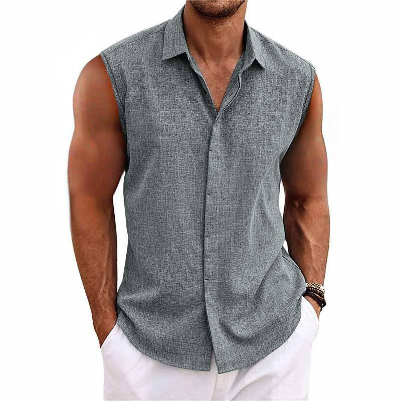 【Envío en 24 horas】Camisa sin mangas de algodón y lino con solapa de color liso para hombre 33989351TO