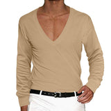 Men's Casual V Neck Solid Color Slim Long Sleeve T-Shirt 11701217M