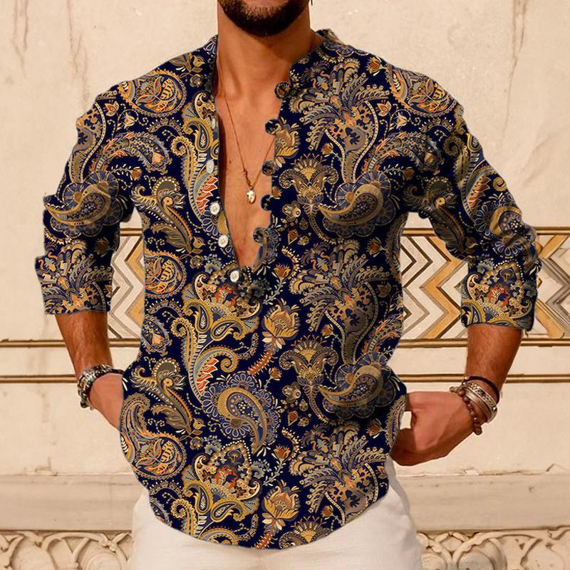 Men's Vintage Paisley Print Henley Collar Long Sleeve Shirt 76827343Y