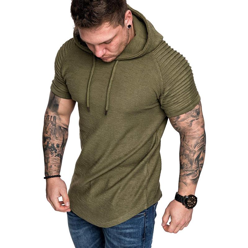 Men's Casual Cotton Blend Pleated Patchwork Short-Sleeved Hoodie 08412819M