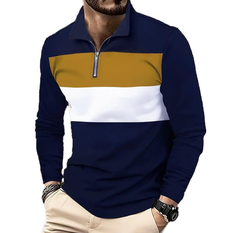 Men's Striped Print Loose Long Sleeve POLO Shirt 92302672X