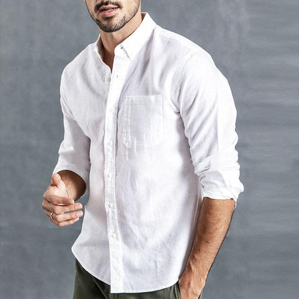 Men's Casual Solid Color Cotton Linen Lapel Long Sleeve Shirt 55329127Y