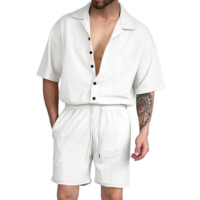 Men's Casual Solid Color Lapel Short Sleeve Shirt Drawstring Shorts Set 92220276Y