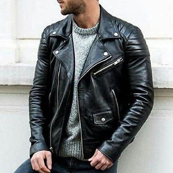 Men'S Retro Tough Guy Rugged Style Solid Color Multi-Pocket Lapel Leather Jacket 55325289Y