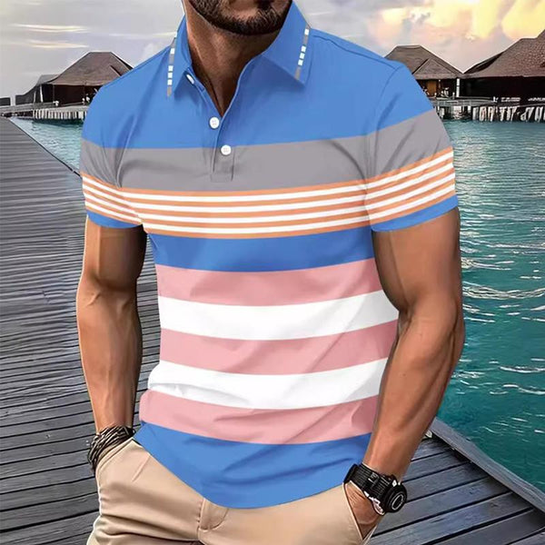 Men's Striped Print Button Short Sleeve POLO Shirt 06082086X