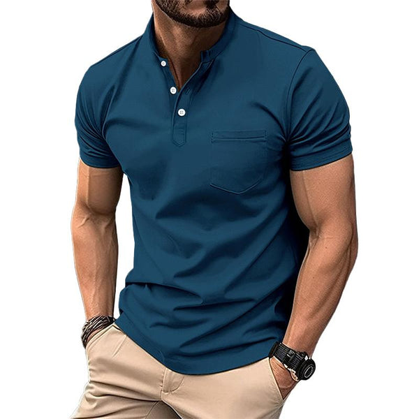 Men's Casual Stand Collar Patch Pocket Slim Fit Short Sleeve T-Shirt 82269037M