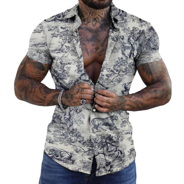 Men's Retro Floral Lapel Short Sleeve Shirt 08015680TO