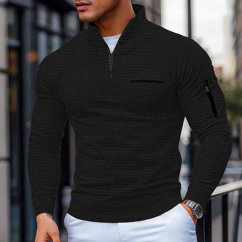 Men's Casual Waffle Zipper Stand Collar Long Sleeve Polo Shirt 75379500Y