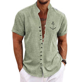 Men's Casual Stand Collar Linen Printed Short Sleeve Shirt 87651630M