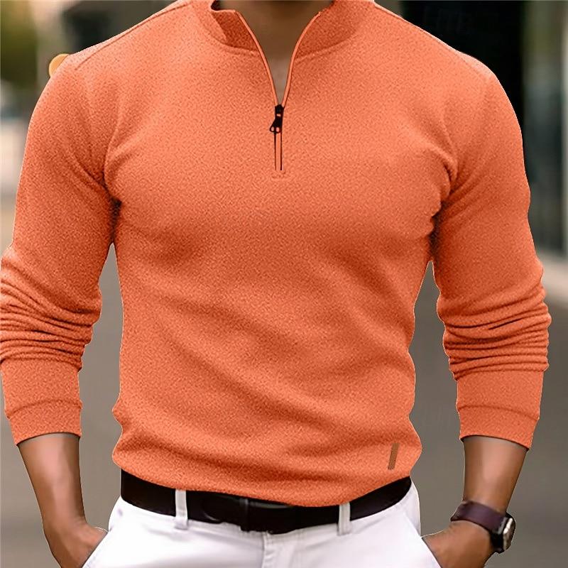 Men's Casual Mixed Color Zipper Stand Collar Long Sleeve Polo Shirt 86164561Y