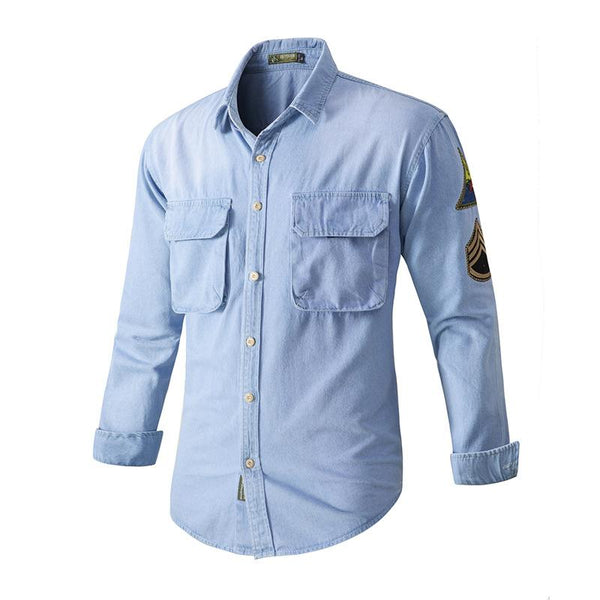 Men's Vintage Lapel Single Breasted Long Sleeve Denim Shirt 42719639X