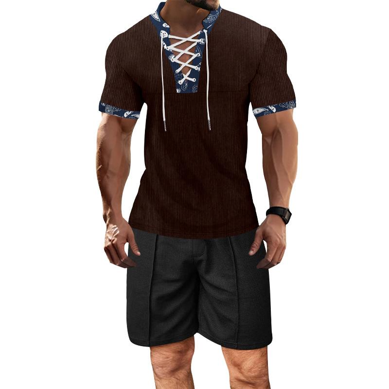 Men's Casual Color Block V-Neck Lace-Up Slim Short-Sleeved T-Shirt Shorts Set 80394243M