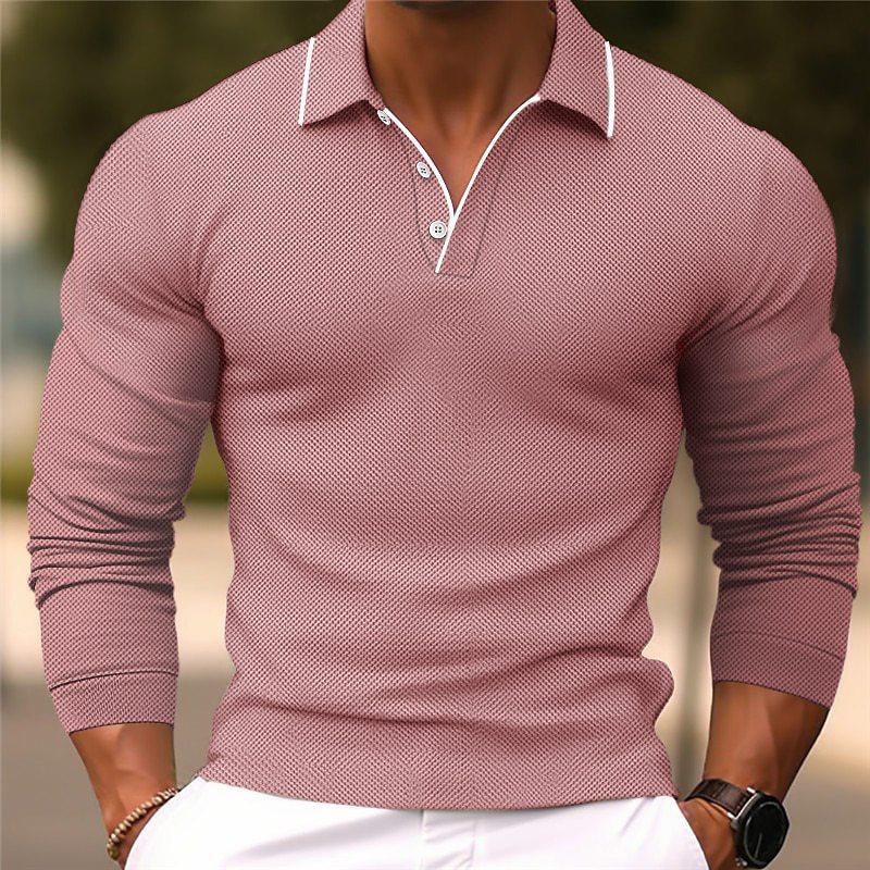 Men's Solid Color Lapel Slim Fit Long Sleeve Polo Shirt 54171993Y