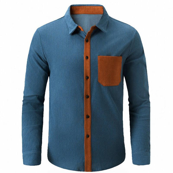 Men's Colorblock Corduroy Lapel Chest Pocket Long Sleeve Casual Shirt 69411316Z