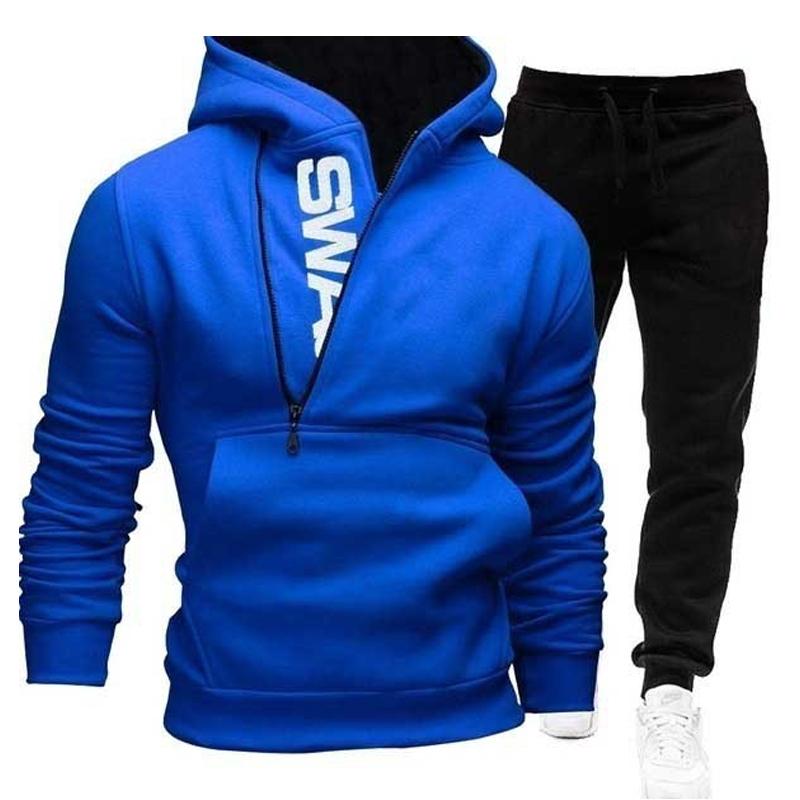 Men's Pullover Side Zipper Contrast Color Hooded Sweatshirt Trousers Set 75688829X