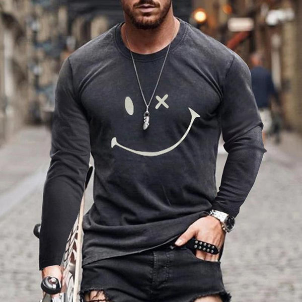 Men's Casual Smiley Printed Round Neck Long Sleeve T-Shirt 35598870Y