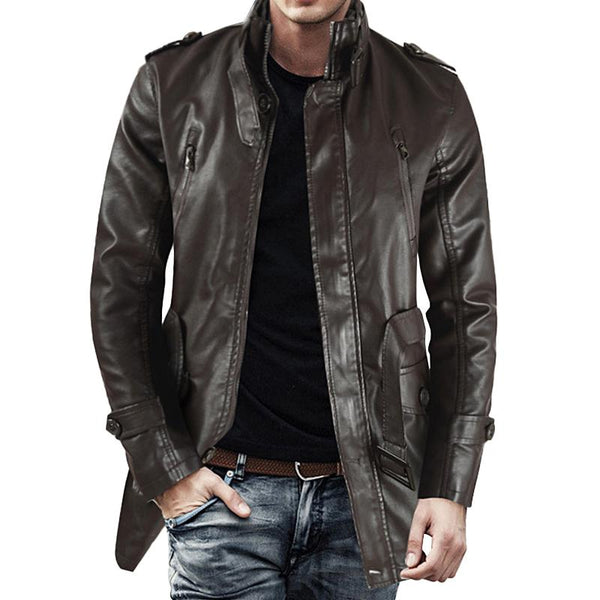 Men's Vintage Stand Collar Thickened Warm Mid-Length Zippered Leather Coat 04534056M