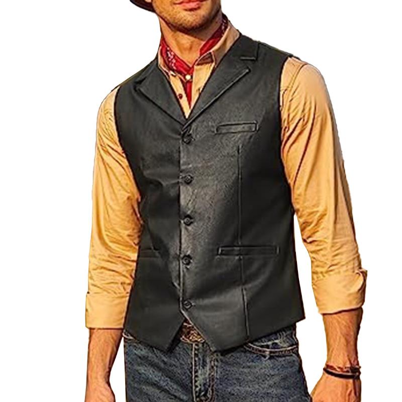 Men's Vintage V Neck Slim Single Breasted Leather Vest 90958464M