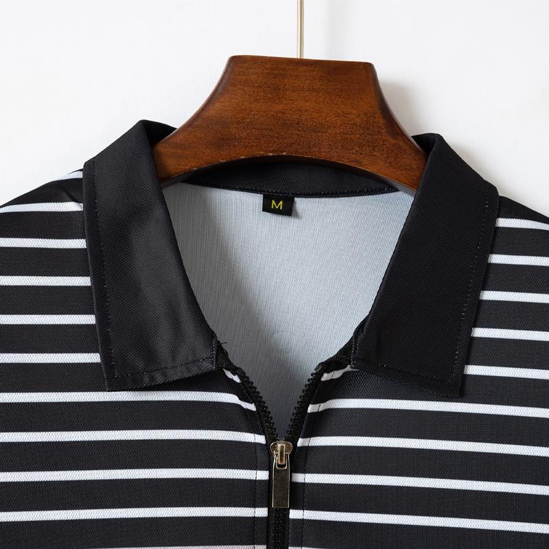 Men's Striped Print Zip Lapel Short Sleeve Polo Shirt 90847918Y