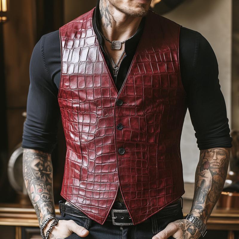 Men's Vintage Casual Embossed Collarless Leather Vest 22698215TO