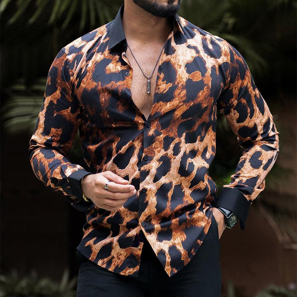 Men's Casual Color Block Leopard Print Long Sleeve Shirt 31401020TO