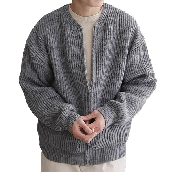 Men's Casual Zipper Solid Color Round Neck Knit Cardigan Jacket 72292930X