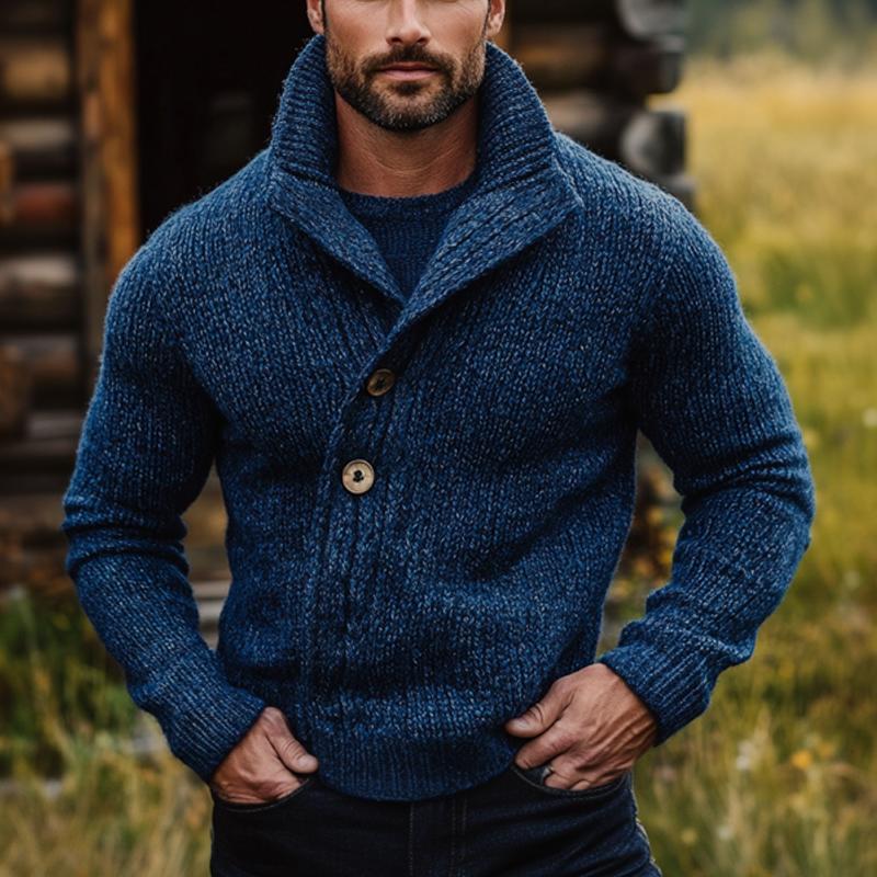 Men's Dark Blue Stand Collar Knitted Cardigan 21615222U