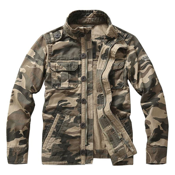 Men's Casual Cotton Camouflage Stand Collar Multi-pocket Zipper Work Jacket 20589487M