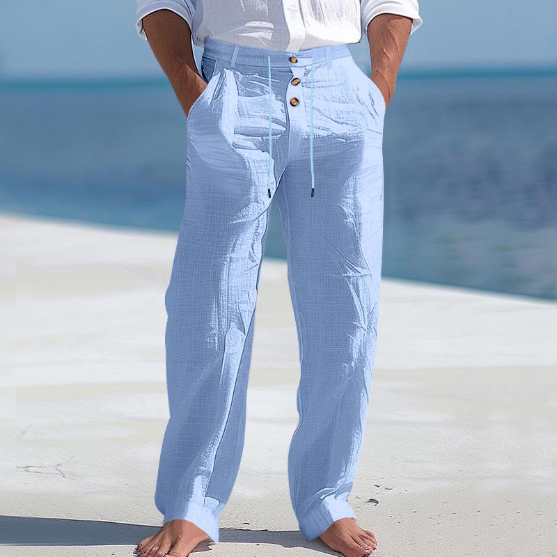 Men's Solid Color Cotton And Linen Buttons Decor Drawstring Waist Casual Pants 58659698Z