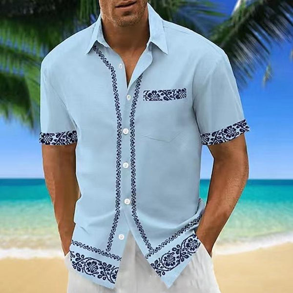 Men's Casual Printed Lapel Slim Fit Short Sleeve Shirt 82333191M