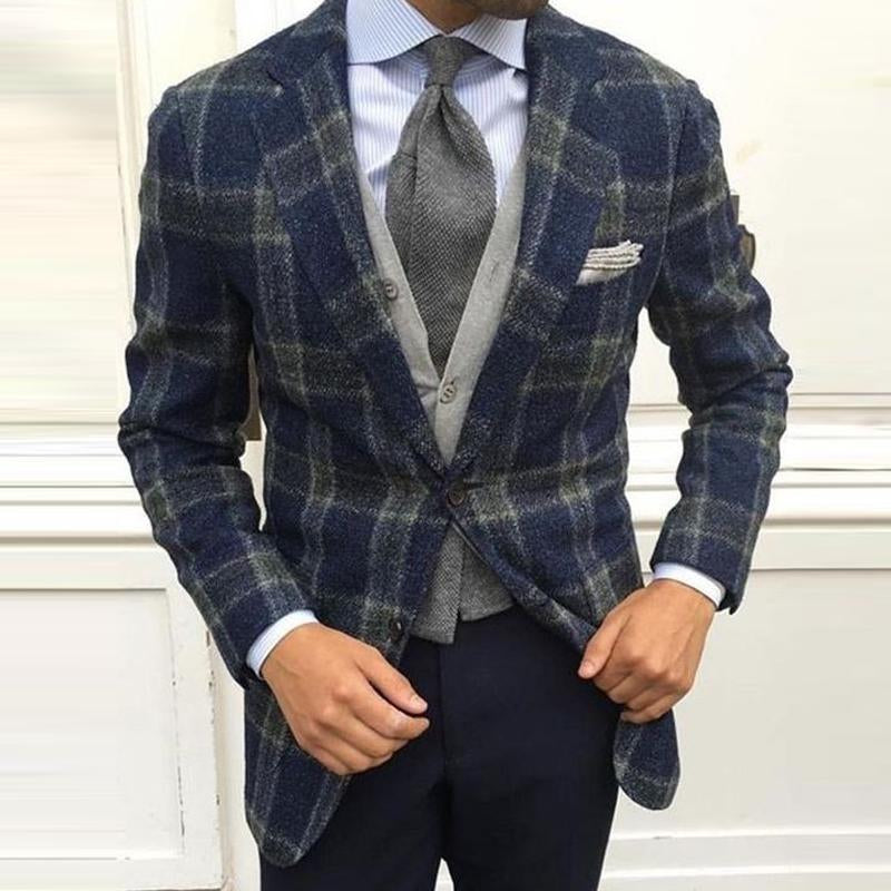 【24-hour shipping】Men's Classic Plaid Wool Blended Notched Lapel Single Breasted Patch Pocket Blazer 39821674M