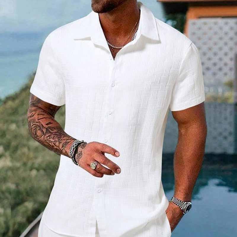 Chemise à manches courtes à revers texturée de couleur unie pour hommes 01371151X