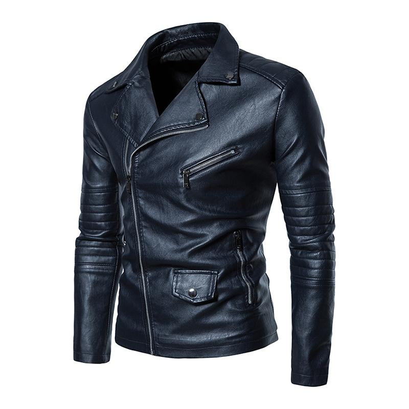 Men's Vintage Washed Lapel Zip Biker Leather Jacket 09038079M