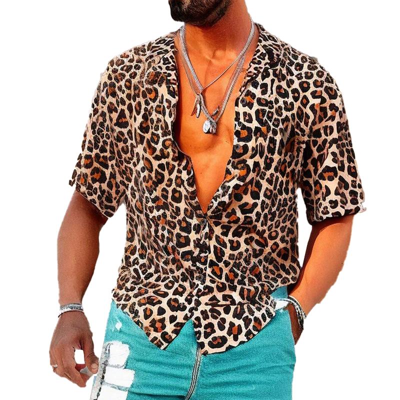 Men's Leopard Print Lapel Short Sleeve Shirt 48641467X