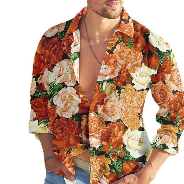 Men's Hawaiian Loose Rose Print Lapel Long Sleeve Shirt 82228008X