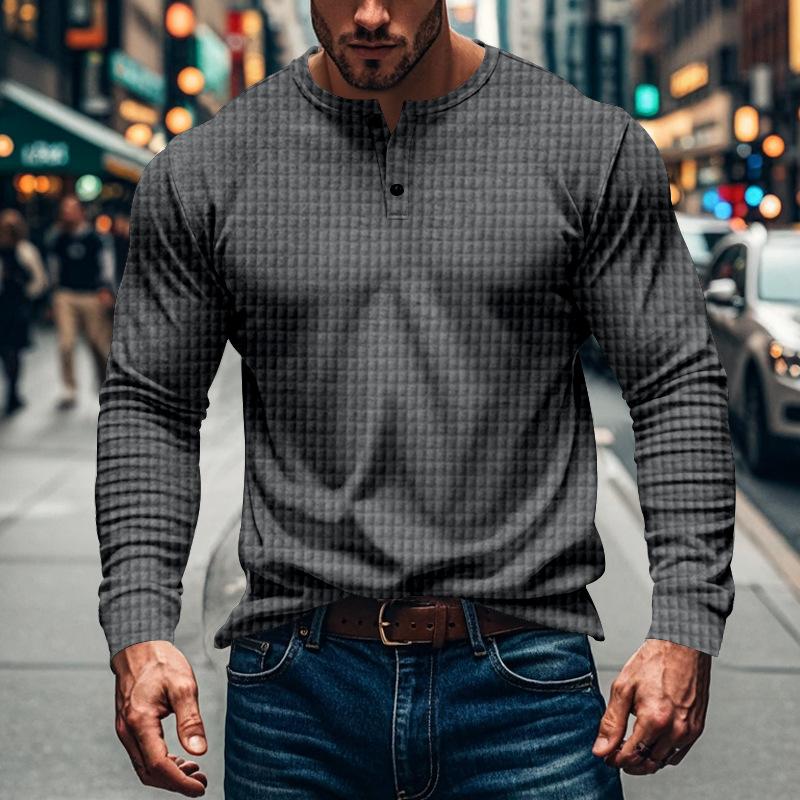 Men's Solid Waffle Button-Down Crew Neck Long Sleeve T-Shirt 40989009Y