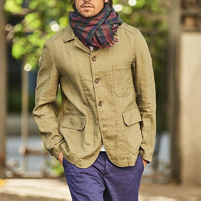 Men's Casual Cotton And Linen Lapel Single-Breasted Multi-Pocket Blazer 13140625Y