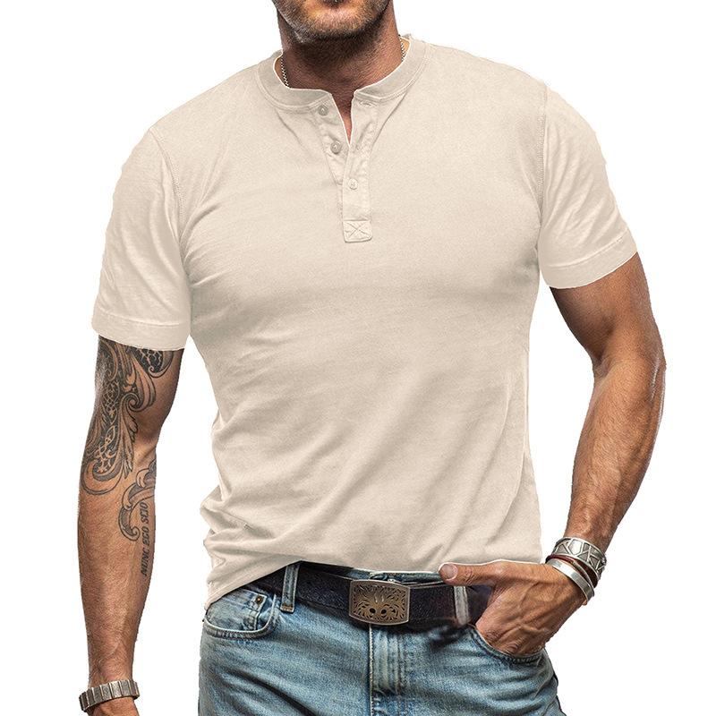 Camiseta vintage de manga corta y cuello henley de color sólido para hombre 99269418Y