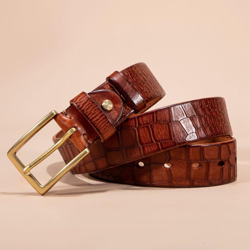 Ceinture en cuir de vachette véritable première couche pour homme avec boucle en bronze cuivré pur 21888959U