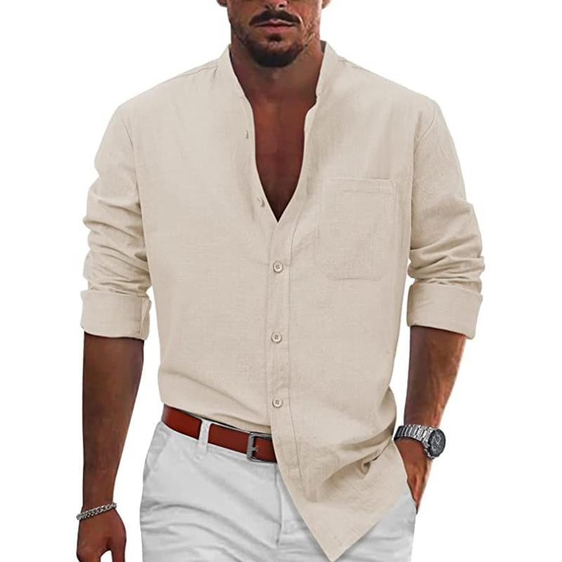 Men's Casual Solid Color Stand Collar Slim Cotton Linen Long Sleeve Shirt 71104955M