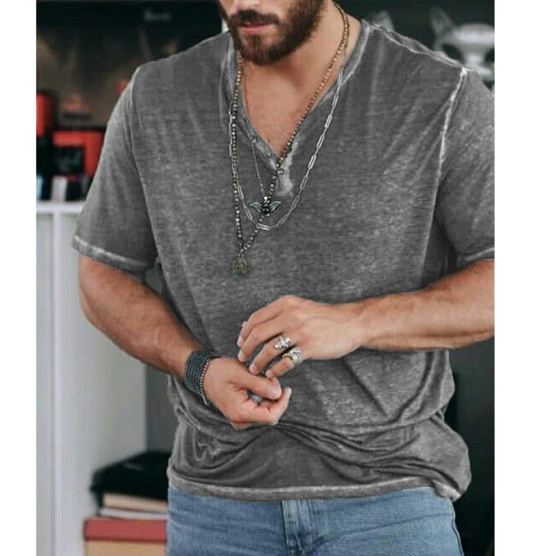 Men's Vintage Solid Color Henley V-Neck Short Sleeve T-Shirt 88076311Y