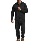 Men's Casual Jacquard Lapel Long Sleeve Shirt Sports Pants Set 76243885M