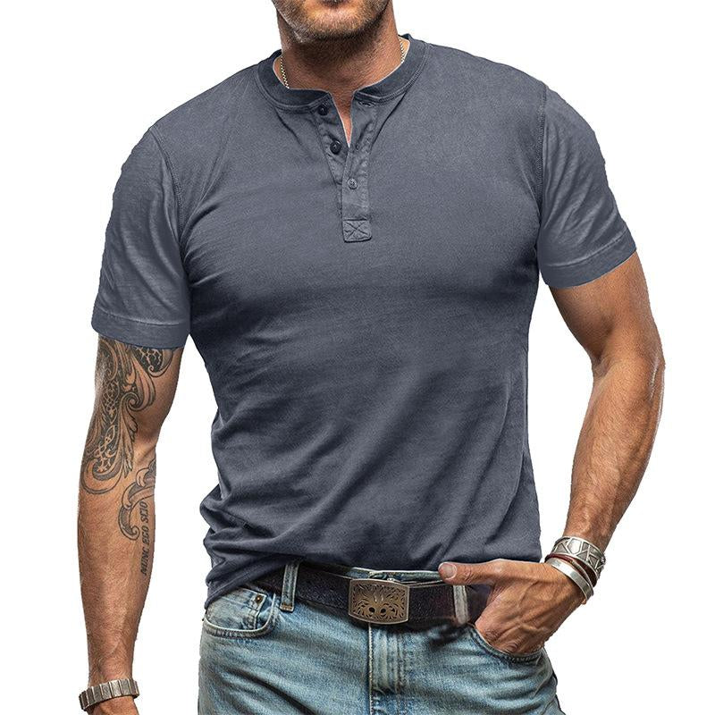 Camiseta vintage de manga corta y cuello henley de color sólido para hombre 99269418Y