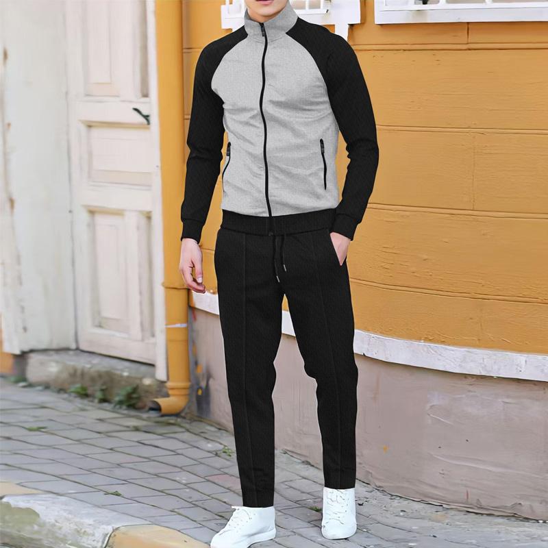 Men's Contrast Color Stand Collar Jacket Casual Pants Sports Two-piece Set 67757381X