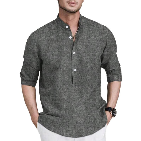 Men's Cotton and Linen Loose Solid Color Stand Collar Shirt 81255210X