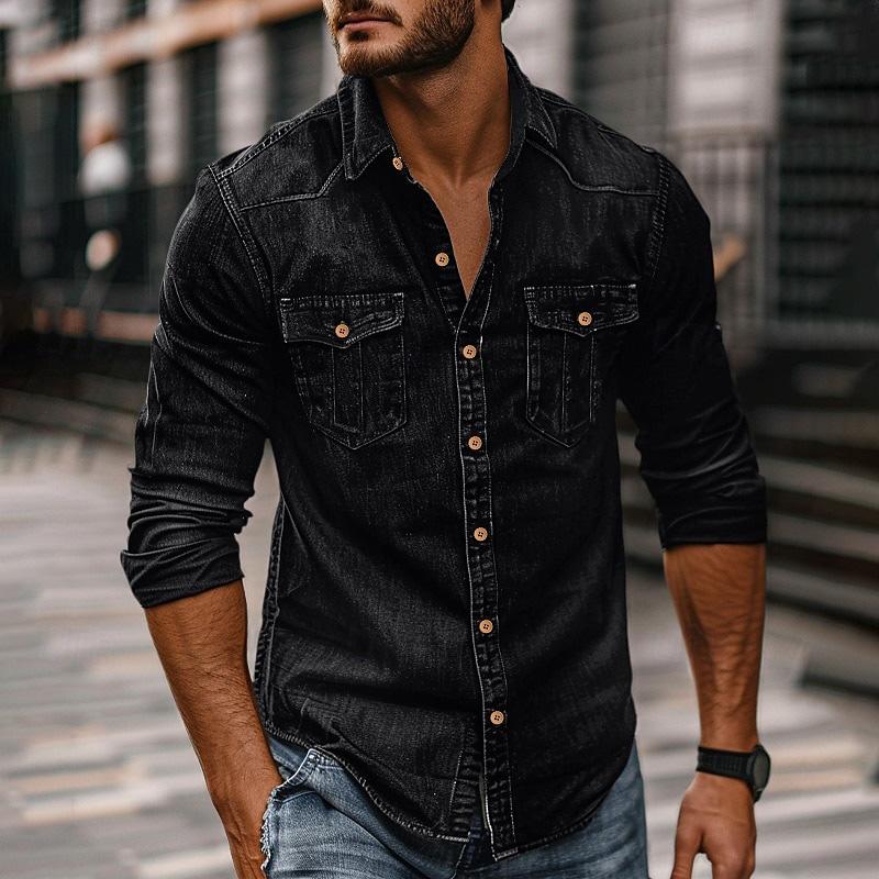 Herren Vintage Washed Distressed Denim Revers Hemd 89638435X