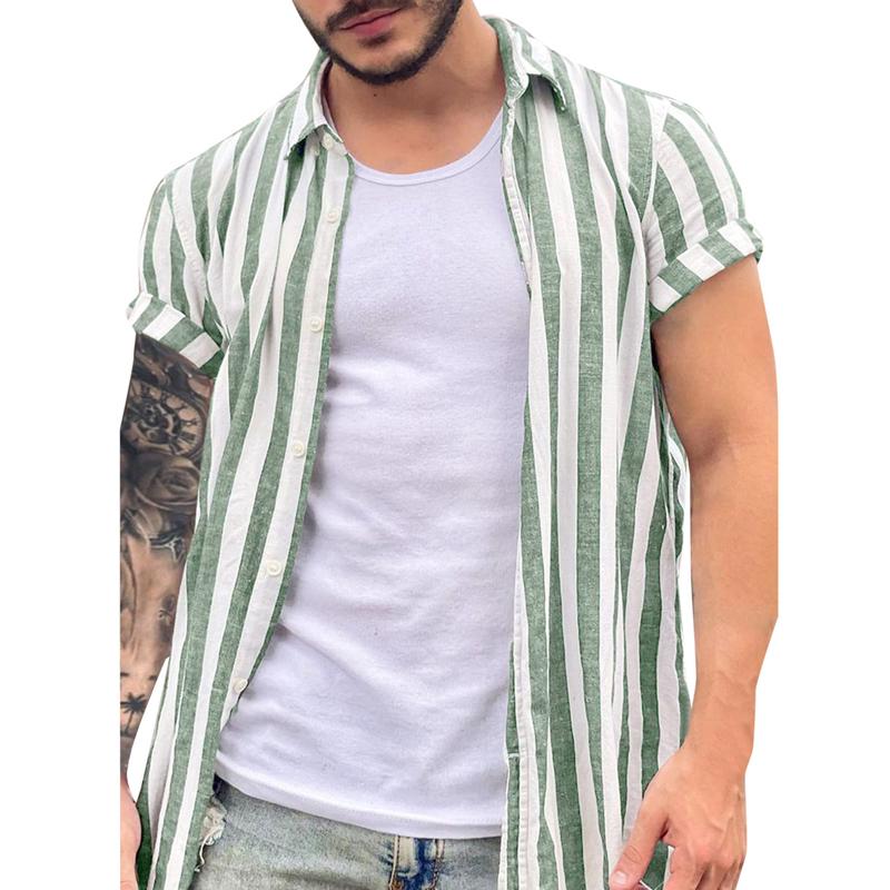 Men's Striped Lapel Short Sleeve Shirt 92812791Y
